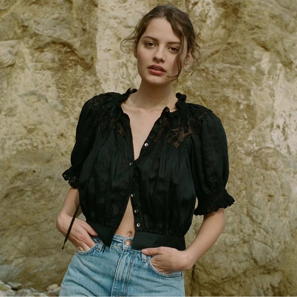 Doen Tops - Doen Top Agatha Ramie Lace Buttoned Cottagecore Academia Black XS GUC